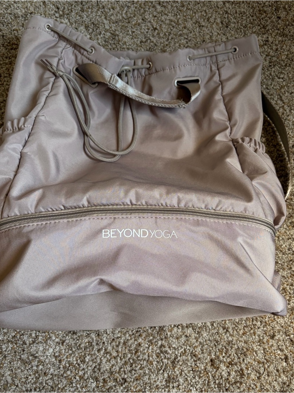 Beyond Yoga Taupe Drawstring Backpack with Front Zip Pocket